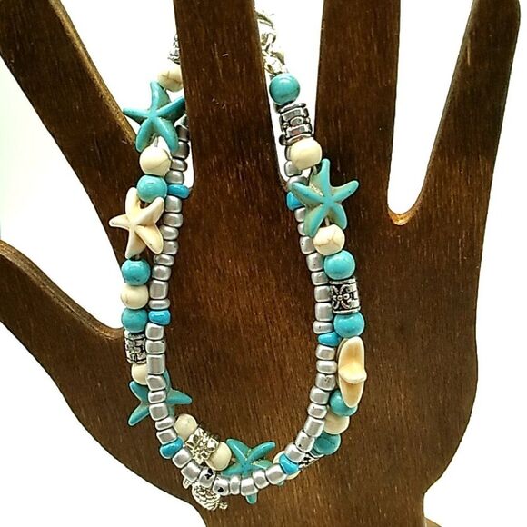 Double Strand Anklet Starfish Beaded Turtle Charm Turquoise & White NWOT - Picture 8 of 11